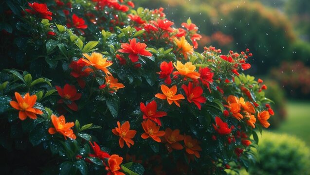 A colorful bush with red and orange flowers amidst a verdant landscape highlighting the beauty of blooming nature.