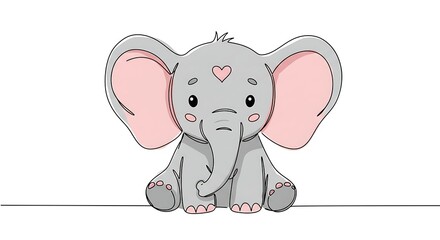 Fototapeta premium Adorable Baby Elephant Illustration Cute Cartoon Gray Elephant with Pink Ears