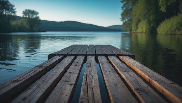 Boat ramp and dock along the river scene