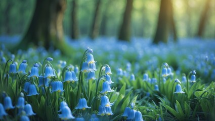 Forest filled with bluebell flowers during spring
