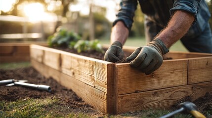 Gardener wearing gloves building wooden raised garden bed in backyard at sunset