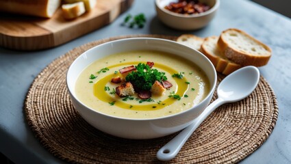 Potato soup in a bowl topped with parsley and bacon, served with toasted bread croutons
