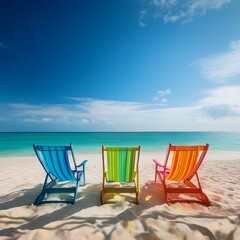 Summer beach vacation, colorful sunbathing chairs on side of the beach