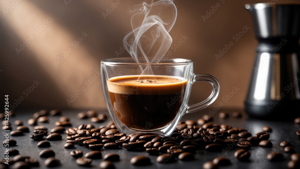 Poster close-up of an americano coffee in a transparent cup on a rustic table
