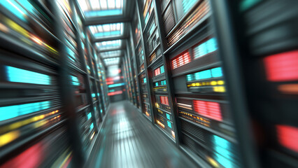Perspective view down an aisle lined with server racks in a data center or server room. Equipment displays glowing indicator lights in multiple colors while a radial motion blur effect suggests speed.