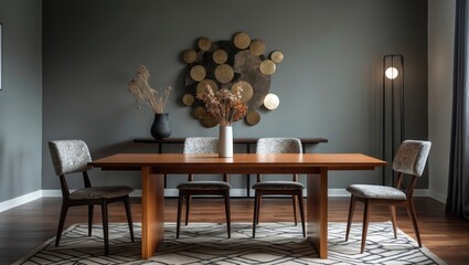 Sleek modern dining interior with a luxurious wooden table, stylish seating, and decorative details