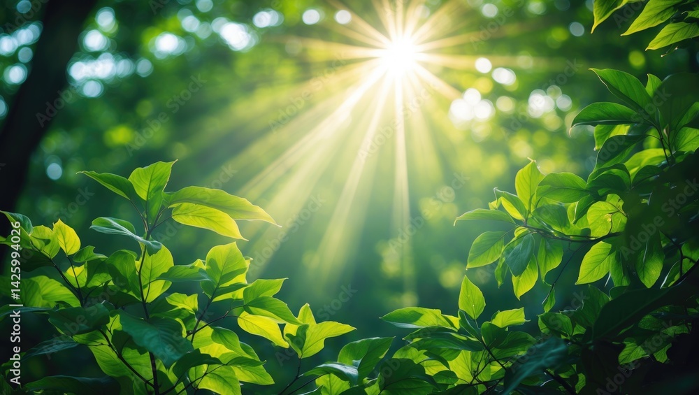 Poster looking up at sunlight filtering through forest trees in summer