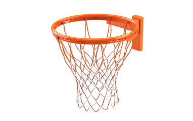 Basketball net with a white rim and orange netting on transparent or white background