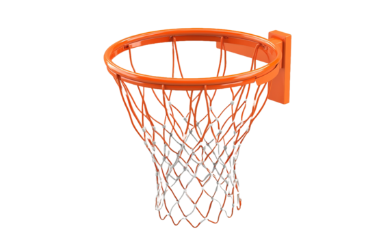 Basketball net with a white rim and orange netting on transparent or white background