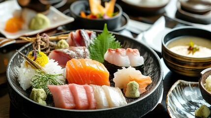 A kaiseki meal featuring fresh sashimi, grilled fish, and miso soup.