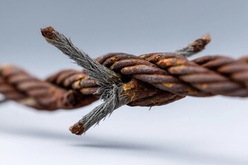 Rusty barbed wire with frayed ends shows wear and age from exposure to elements in rural setting