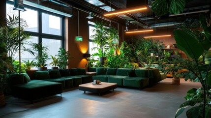 Fototapeta premium A modern office lounge boasts a lush indoor garden with various plants and a comfortable green velvet sectional sofa perfect for relaxation and collaboration.