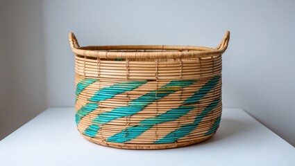 Fototapeta premium Natural bamboo woven basket with blue turquoise accents for sustainable craft and traditional decor