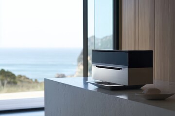 Stylish Minimalist Kitchen Appliance Against Serene Ocean View