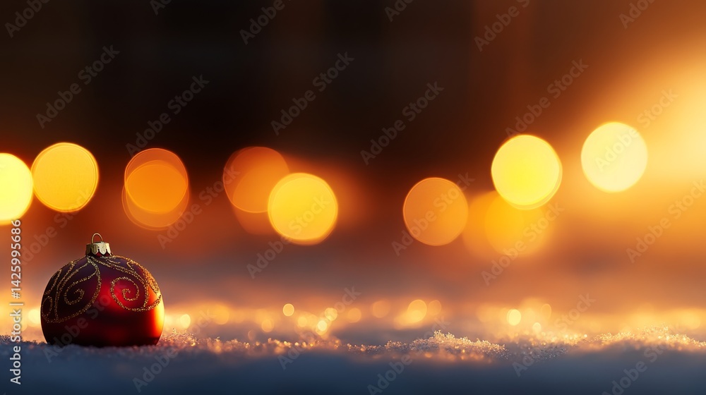 Aufkleber a single red christmas bauble with intricate golden swirls rests on a soft white snow-like texture, 