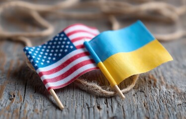 Ukrainian and american flags resting side by side on weathered wooden surface, symbolizing diplomatic solidarity