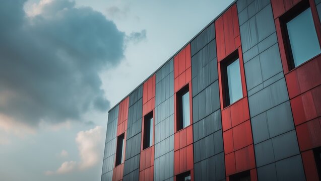 Urban architecture showcasing metal composite facade panels in red and grey colors on a modern building with a sky background.