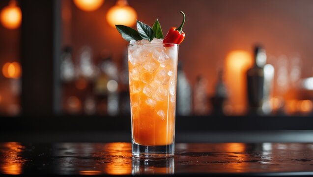 Refreshing orange cocktail in a highball glass with crushed ice, garnished with leaves and pepper