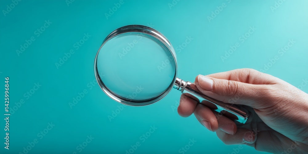 Poster magnifying glass: hand holding a magnifier to explore details closely and observe intricate patterns