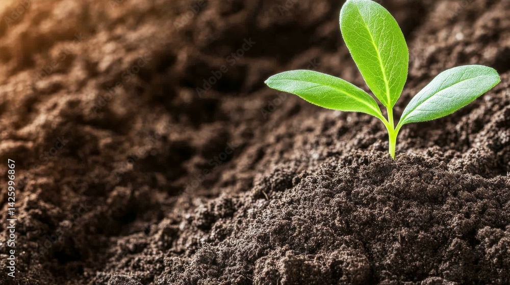 Poster a green sprout rises from dark soil, illuminated by soft morning light, embodying the themes of grow