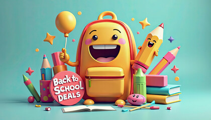 Cheerful cartoon backpack and pencil characters with school supplies and Back to School DEALS sign Fun illustration for seasonal sales and education themes