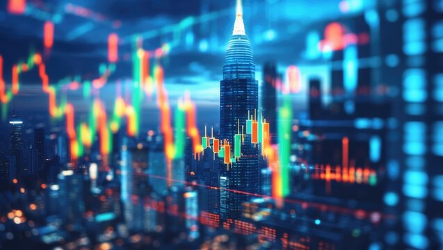 Abstract glowing big data forex candlestick chart set against a blurry background, capturing trade, technology, investment, and analysis through double exposure technique