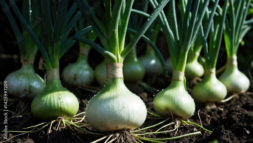 Aufkleber fresh raw white onions with green stalks and dried roots attached in a natural farm setting