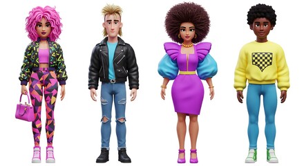 Fototapeta premium 3D Rendered Youthful Fashion Characters in Trendy Outfits on Plain White Background