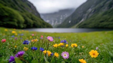 Obraz premium Colorful wildflowers by a mountain lake