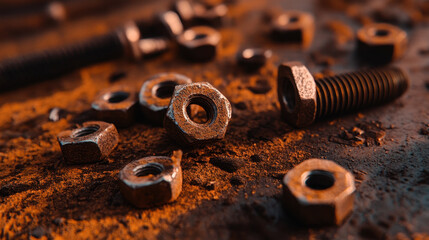 Rustic nuts and bolts scattered on textured surface, illuminated by warm light, create industrial atmosphere. image evokes sense of craftsmanship and mechanical precision