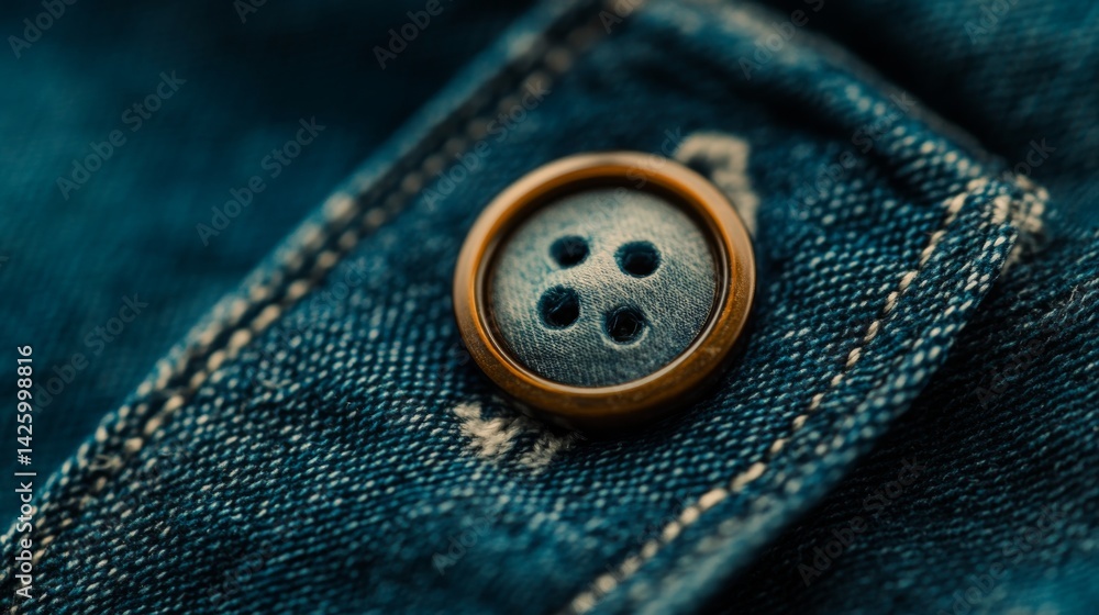Poster Overhead perspective of a denim button fastened on a blue jean jacket, emphasizing texture and stitching with soft light enhancing the composition