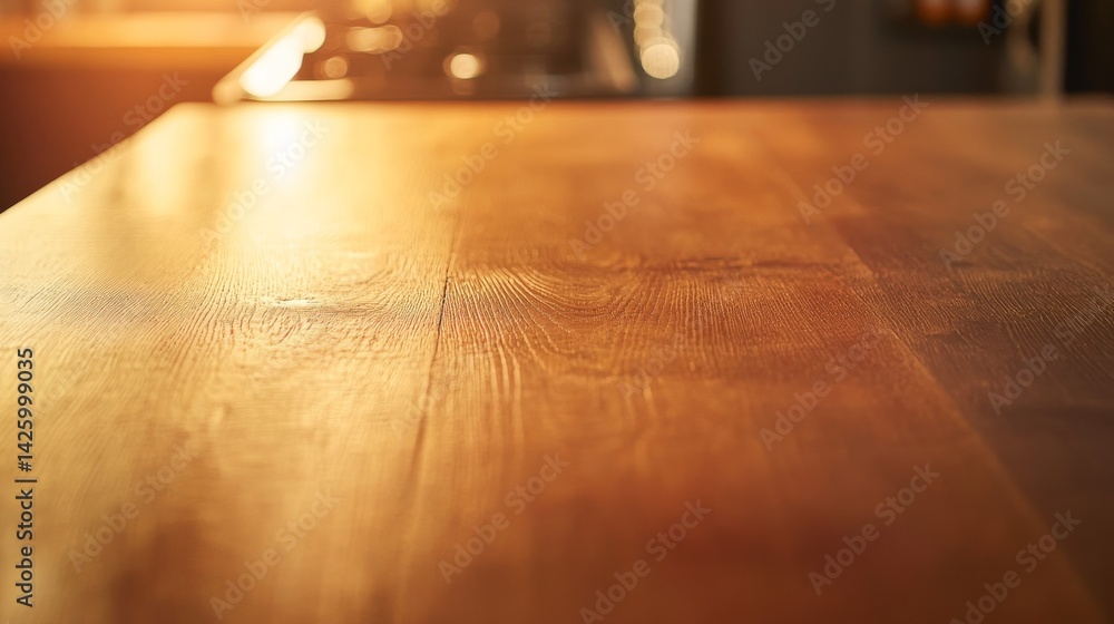 Poster smooth wooden kitchen countertop showcases faint scratches and soft warm lighting, creating an invit
