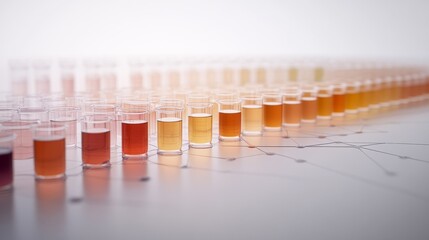 Close-up overhead shot showcasing vibrant liquids in various flasks linked by thin tubing, arranged in an orderly experimental setup with ample copy space