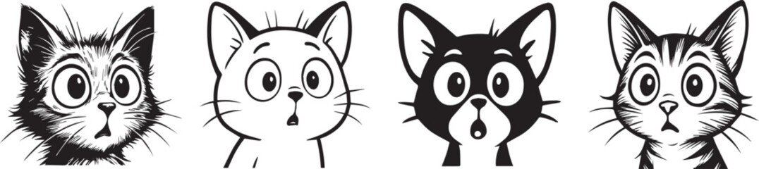 Vectorized Cartoon Cat Faces 4 Unique Black and White Ink Style Illustrations with Surprised Expressions editable colors