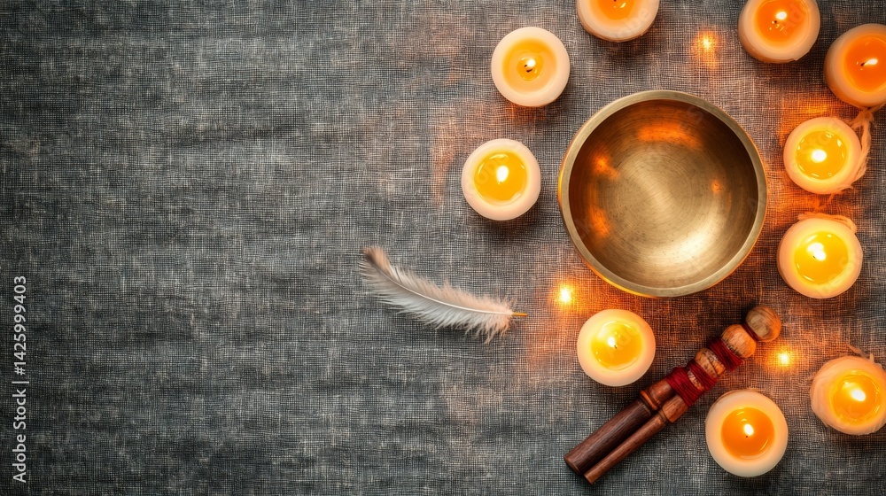 Poster soft light illuminates a tibetan singing bowl set among glowing candles and a delicate feather, crea