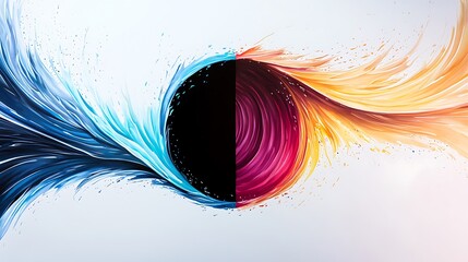 Abstract swirl of cool blues contrasts with warm reds, around a dark center