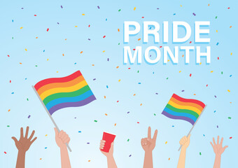 pride month theme background hands raised in the air full of colorful confetti holding a rainbow flag and beverage cup vector template social media banner