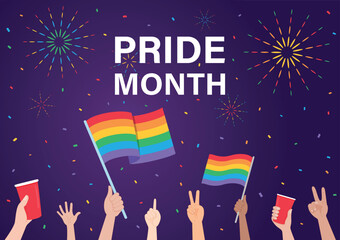 pride month theme background colorful confetti and firework hands raised in the air holding a rainbow flag and beverage cup vector template social media banner