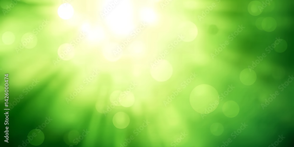 Poster abstract green background with bokeh effect and bright light shining from the top center