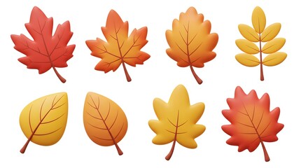 Fototapeta premium Ultimate 3D Autumn Leaves Collection: Cartoonish Fall Elements for Seasonal Design and Holiday Decorations