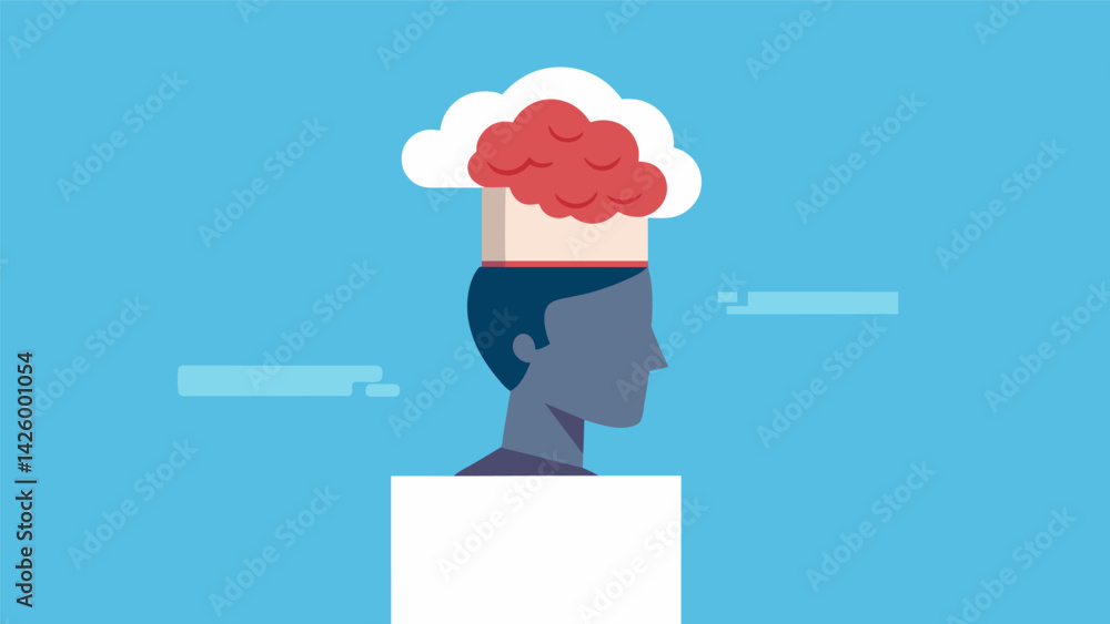 Poster a persons body fading away leaving only their head and brain floating above a blank canvas represent