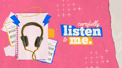 Vibrant Halftone Collage with Headphones, Music Notes and Textured Papers. Playful music-themed collage with headphones, sheet music, and torn paper on a pink background. 