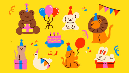 Naklejka premium Birtyday Party Animal Cartoon Illustration