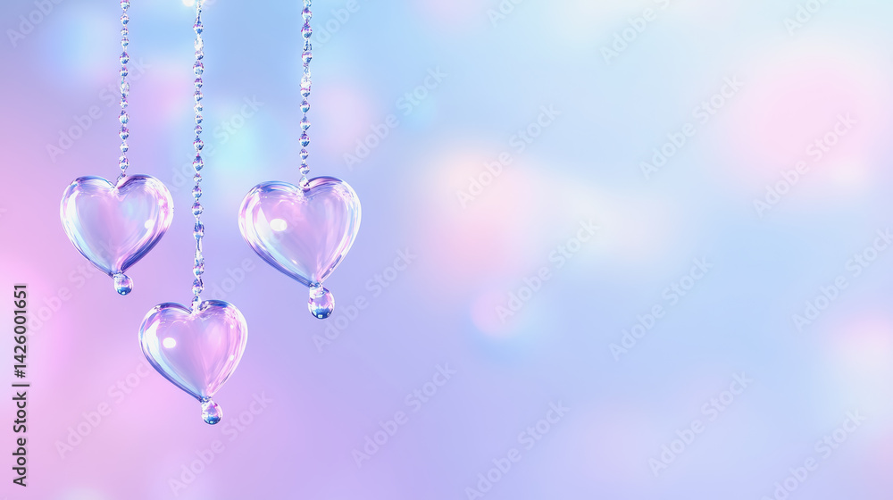 Poster two heart-shaped crystals hanging from a chain against a soft background creating a delicate pastel 