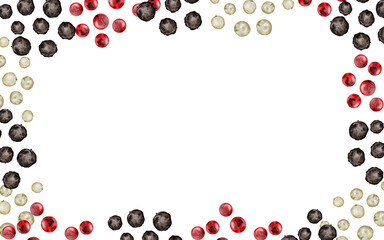 Peppercorns watercolor frame. Hand drawn dried black pepper. Clip art on a white background of hot spices. Ideal for cookbooks, menus and organic product packaging