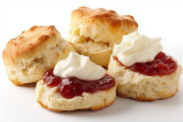delicious scones with cream and jam isolated on white background