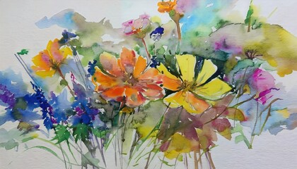 Watercolor Masterpiece Vibrant Flower Blooms in a Whimsical Garden, Showcasing Artistic Brushstrokes and Rich Color Palette, Invoking a Dreamy and Immersive Atmosphere.