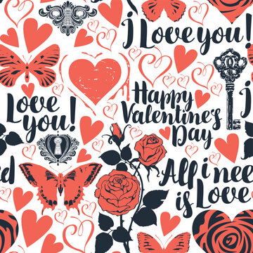Fototapeta Hand drawn seamless pattern with hearts, butterflies, cupids, initials, keys, keyholes and inscriptions on the theme of love and Valentine's Day. Greeting card, poster, invitation. No AI used