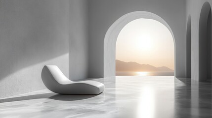 Minimalist lounge interior with seaside view through arched doorways at sunset