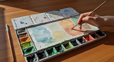 Watercolor Painting with Palette and Brush